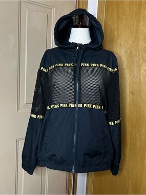 Victoria Secret Pink Oversized Black Hooded Mesh Windbreaker Jacket Size M/L